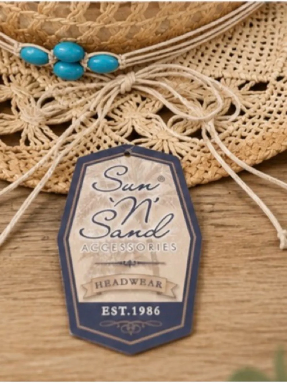 Natural Crochet Straw Cowboy Hat with Turquoise Bead Band